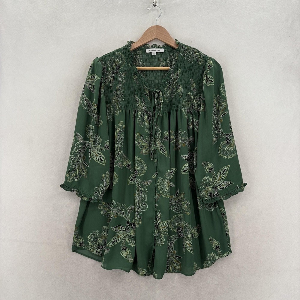Rose + Olive Blouse Womens 1X Plus Green Paisley Ruffle 3/4 Sleeve Tunic Boho